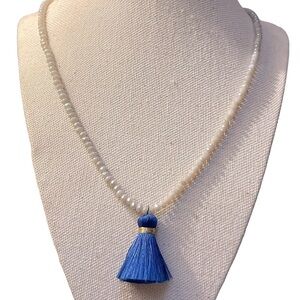 NWT Lizou Shimmering Grey Faceted Rondelle Crystal Beaded Necklace W/Blue Tassel